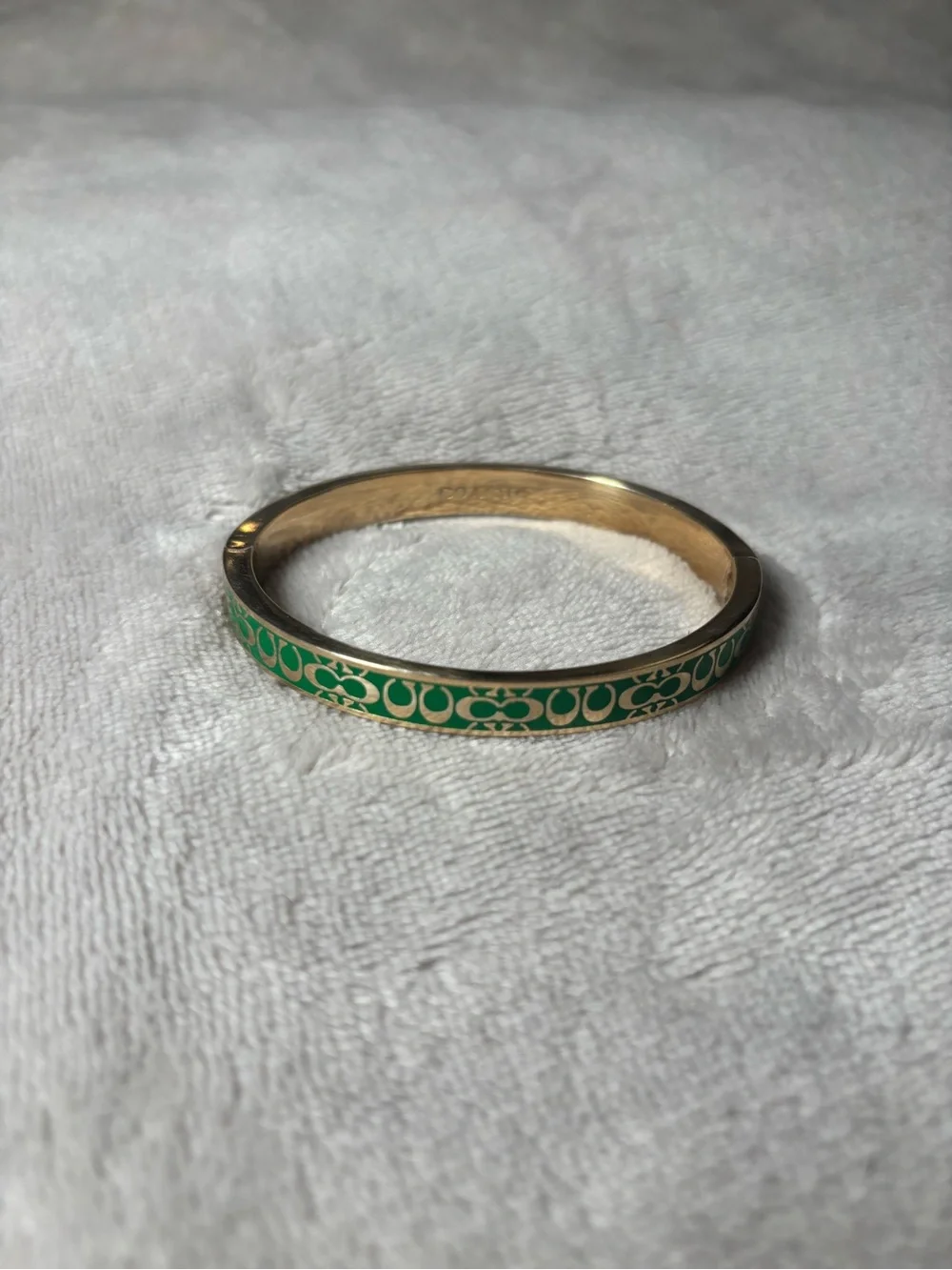 Coach Signature Enamel Green and Gold Thin Bangle